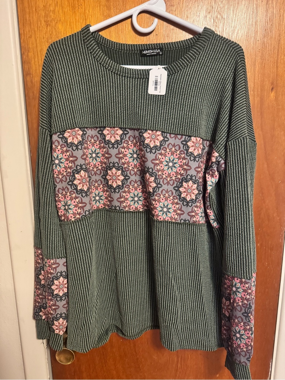 HEIMISH USA Olive Green Ribbed Pullover with Pink Floral Panels